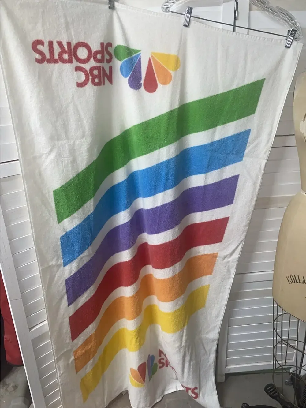 Vintage 90s NBC Sports Cotton BEACH TOWEL Peacock Rainbow 60” X 35.5” Loop Yarn